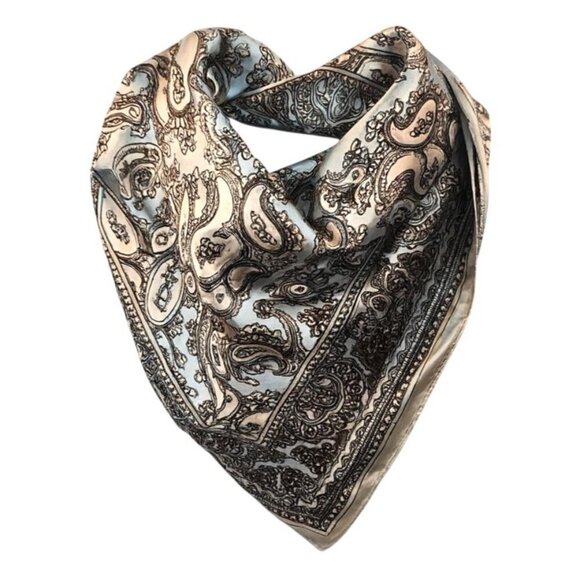 Lt Blue Black White Silver Paisley Satin Scarf Western Wild Rage Boho Chic 23" - Picture 7 of 11